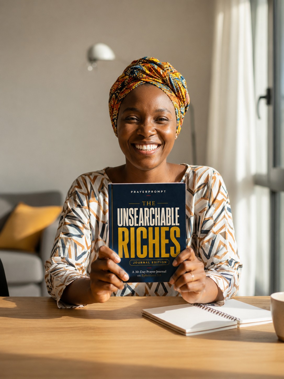 A woman holding the journal at her dining table