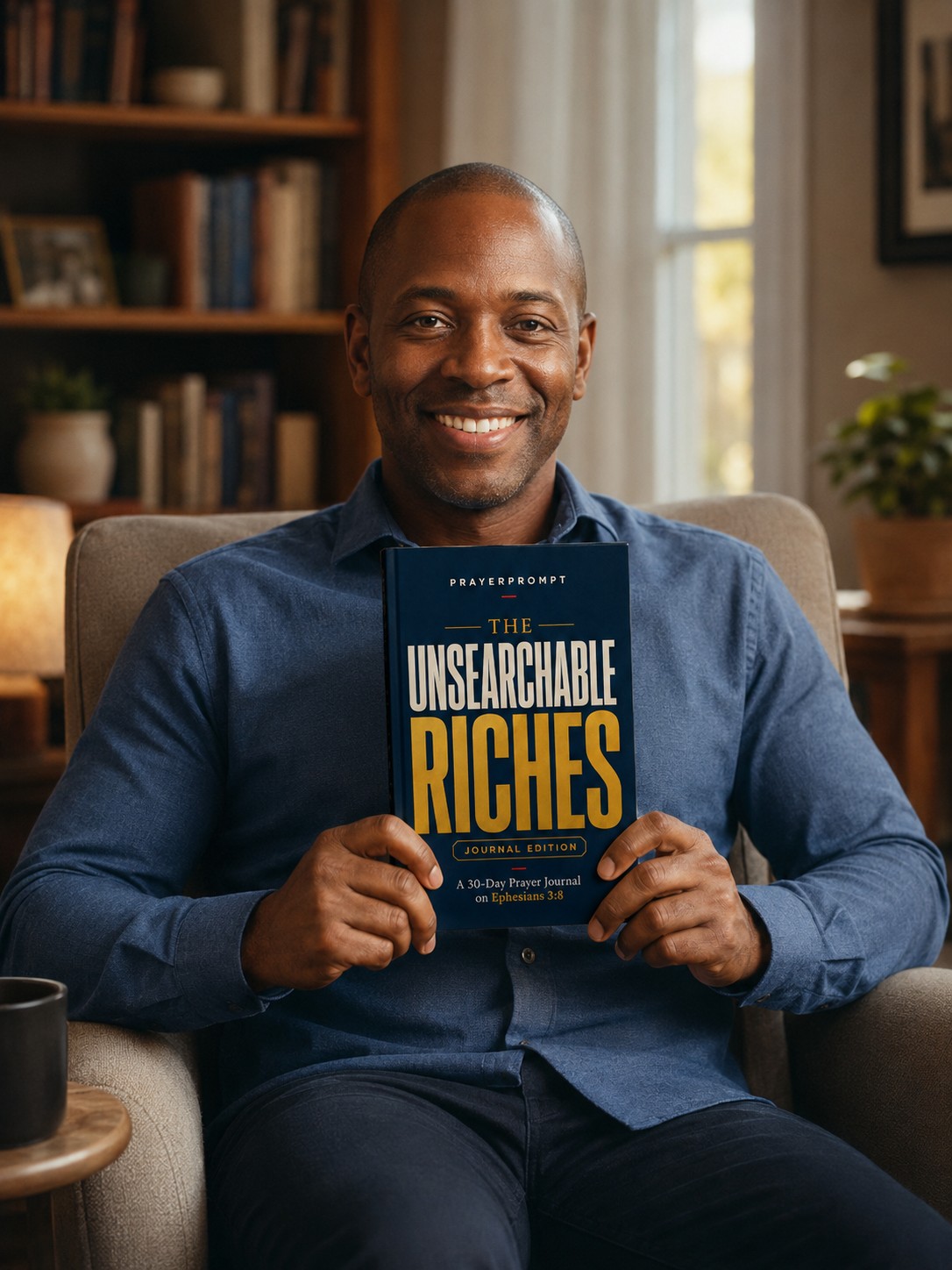 A man holding the journal in his living room