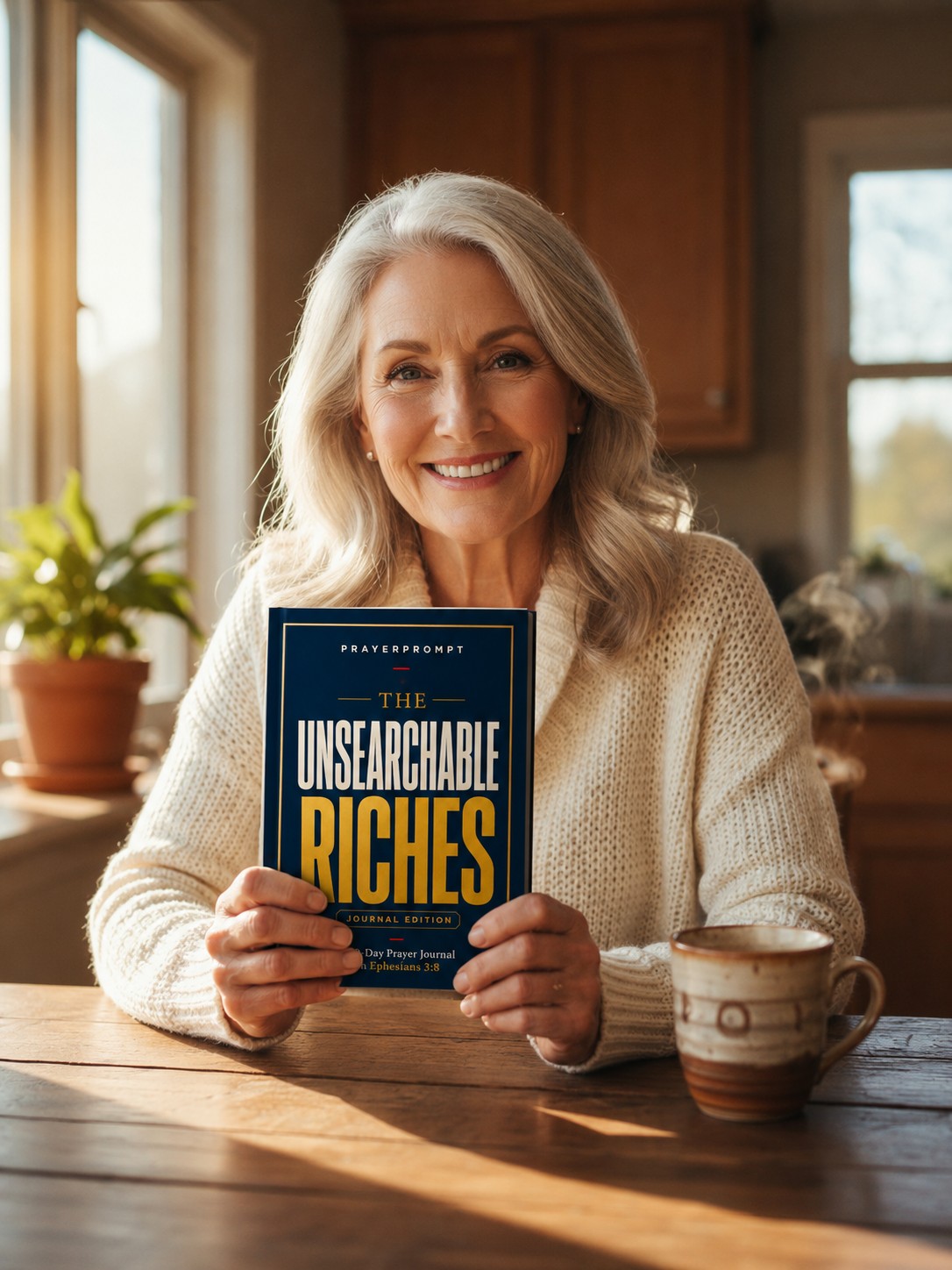 A woman holding the journal in her kitchen