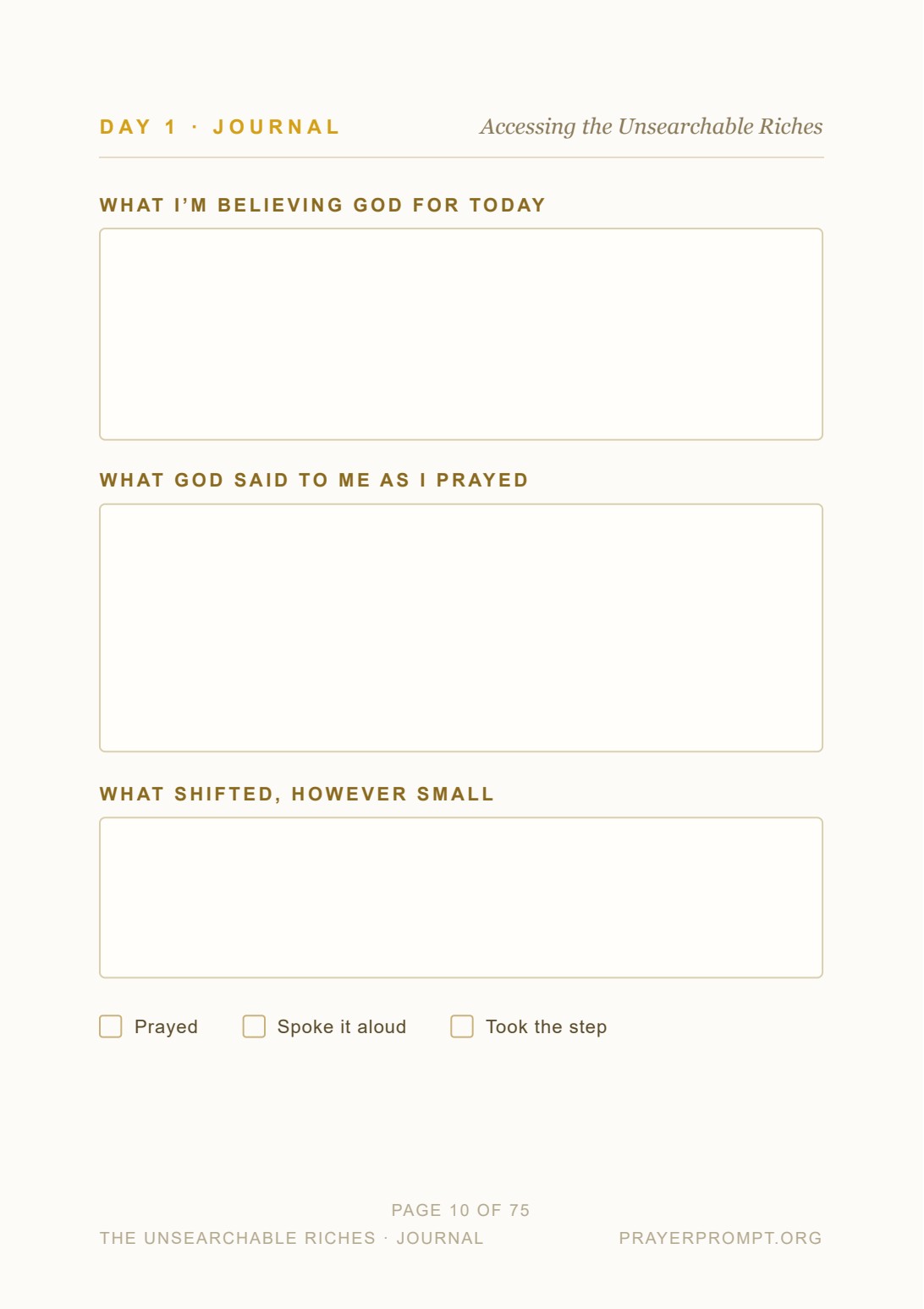 The digital edition's fillable Day 1 journal page