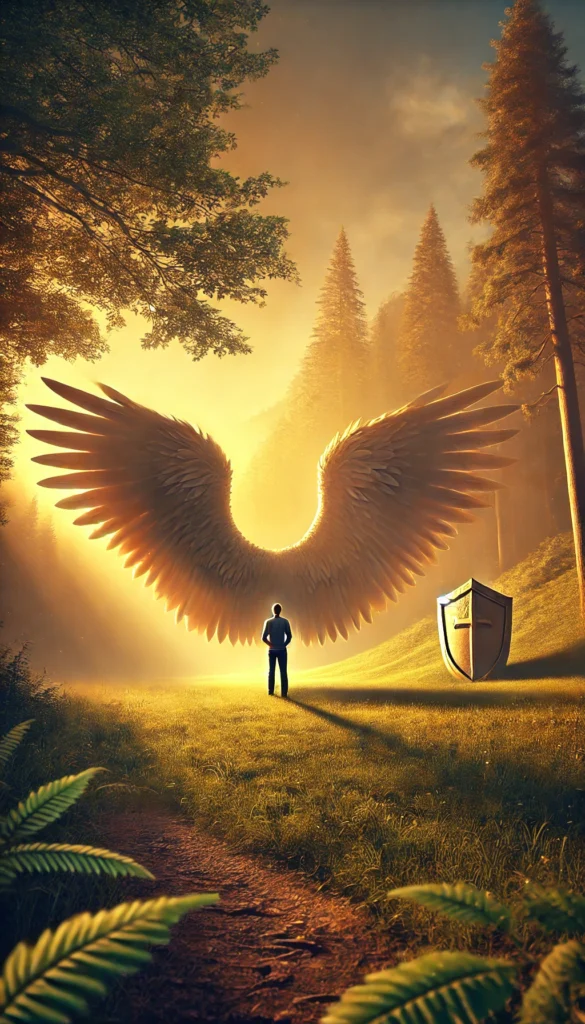 a man standing in front of a shield and wings Psalm 91
