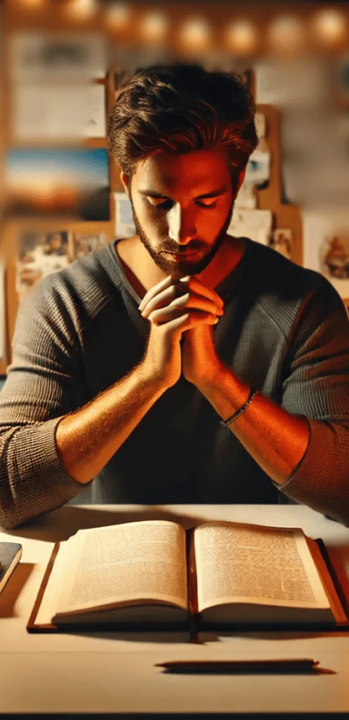 Learn, Pray, and Manifest. A young man praying while studying his bible.