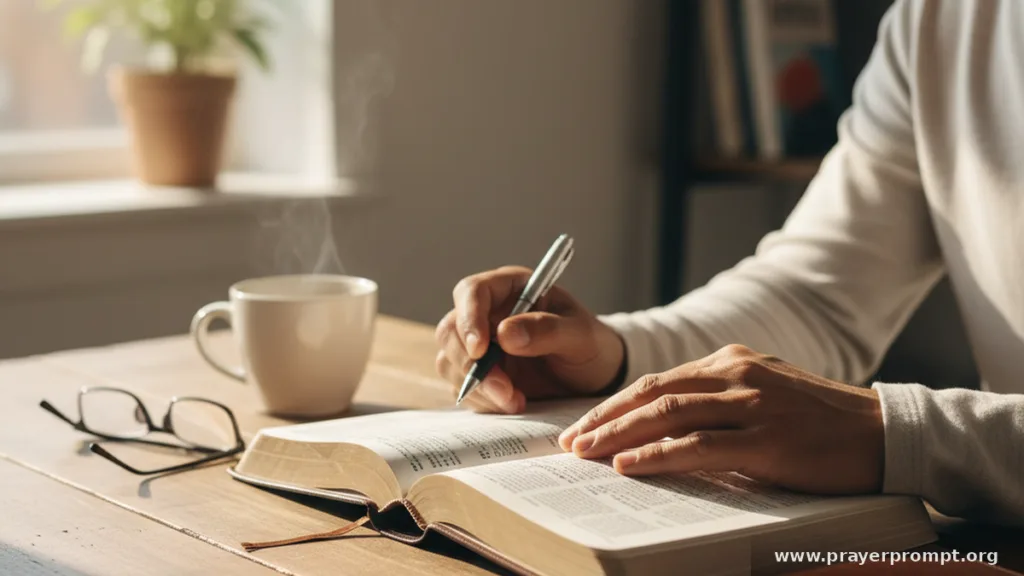 Hands resting on an open Bible and notebook