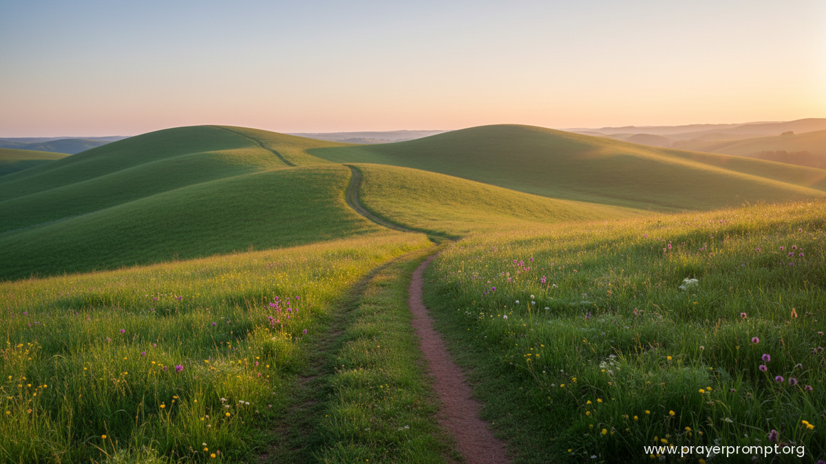 Dawn path over green hills