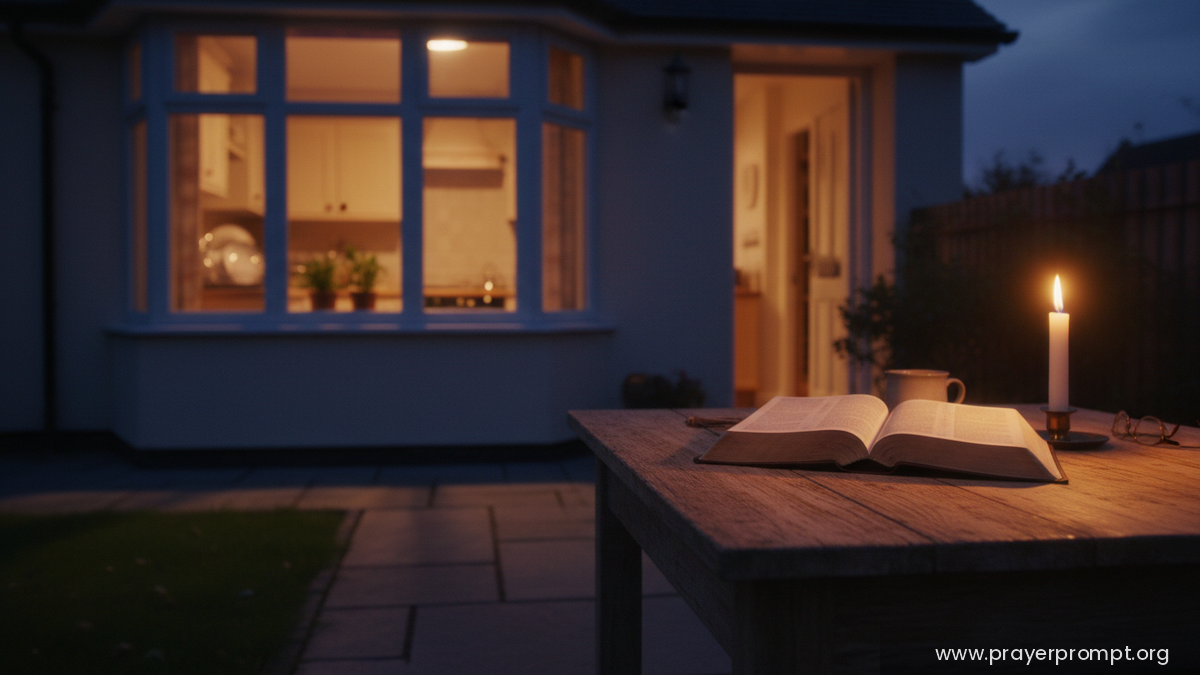 Open Bible and a lit candle on a wooden table in a quiet home at dusk