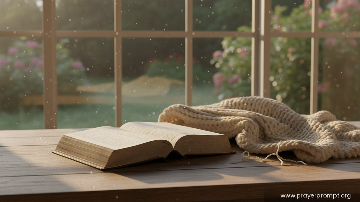 Open Bible on a wooden table in soft morning light